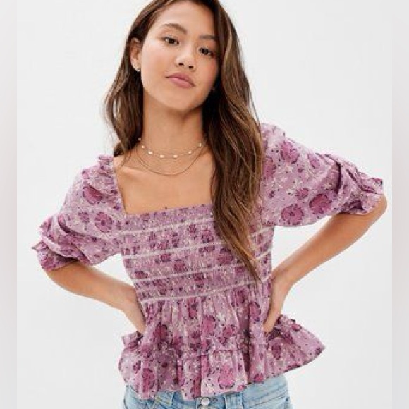 NWT AE Square Neck Smocked Babydoll Purple Floral Top Sz XS - Picture 1 of 5